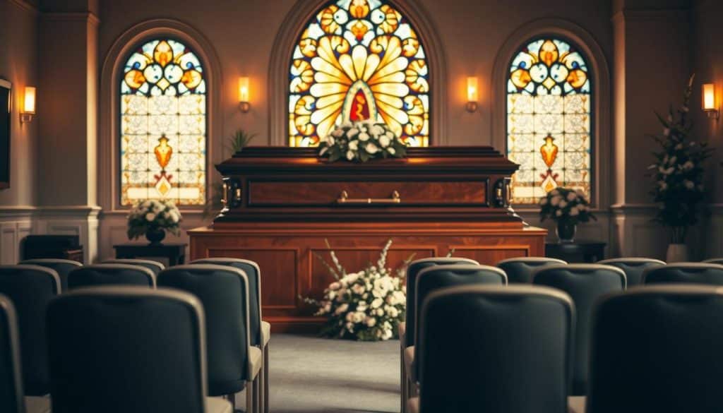 A serene funeral home interior, bathed in soft, warm lighting. In the foreground, a casket rests atop a raised dais, its polished wood gleaming. Surrounding it, subtle floral arrangements in muted tones convey a sense of reverence. In the middle ground, rows of elegant chairs wait to accommodate mourners, their fabric upholstery in shades of gray and navy. The background reveals a large, stained-glass window, its intricate patterns casting a kaleidoscope of colors upon the scene. The overall atmosphere is one of solemn dignity, offering a comforting space for those seeking solace in their time of grief.