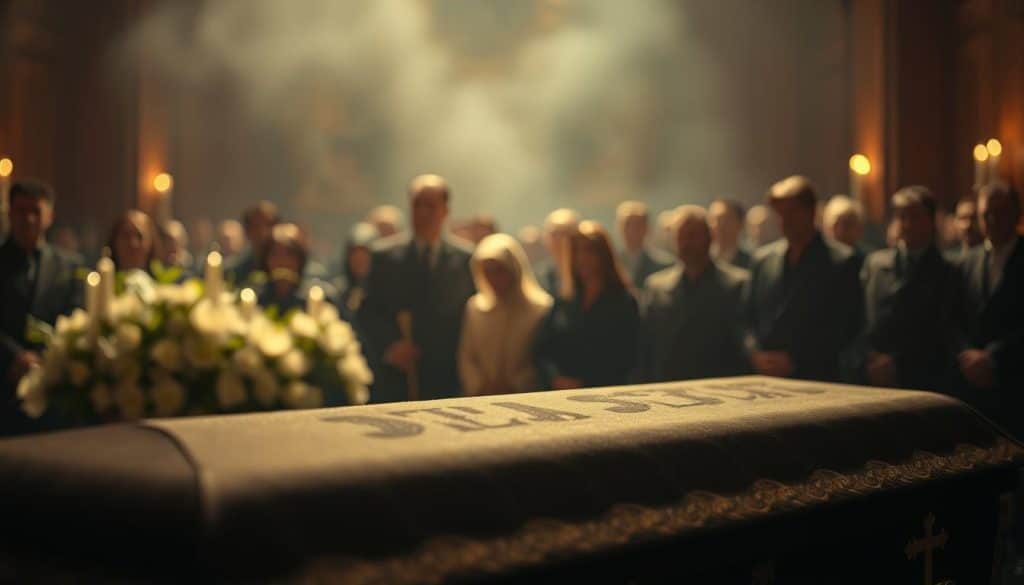 A serene funeral service scene, captured with a warm, cinematic lighting and a shallow depth of field. In the foreground, a coffin draped in a somber black cloth, its elegantly carved details illuminated by soft, golden light. In the middle ground, a group of mourners, their expressions somber yet dignified, gathered to pay their respects. The background blurs into a hazy, atmospheric setting, hinting at the solemnity of the occasion. The overall mood is one of reverence and solemnity, conveying the gravity and importance of the funeral service.
