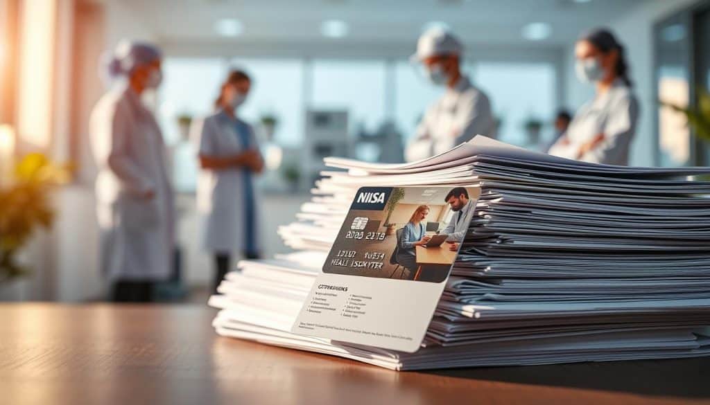 A serene healthcare coverage scene with a softly-lit, blurred background of medical professionals and facilities. In the foreground, a neatly-stacked pile of documents, folders, and forms representing the various coverages and policies. The middle ground features a thoughtfully-designed health insurance card, its details visible yet discreet. Warm, natural lighting from the side casts gentle shadows, creating a sense of depth and balance. The overall atmosphere conveys a feeling of professionalism, security, and attention to detail - reflecting the key characteristics of quality health insurance.