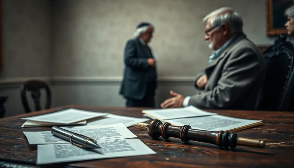A serene, introspective scene depicting the process of inheritance and succession. In the foreground, a worn, antique desk with scattered documents and a quill pen, hinting at the formal legal proceedings involved. In the middle ground, two figures - a senior individual and a younger person - engaged in a pensive discussion, the weight of the transition palpable in their postures. The background is softly lit, suggesting the solemnity and gravity of the moment, with muted tones and a sense of timelessness. The overall atmosphere evokes the thoughtful, contemplative nature of this pivotal life event.