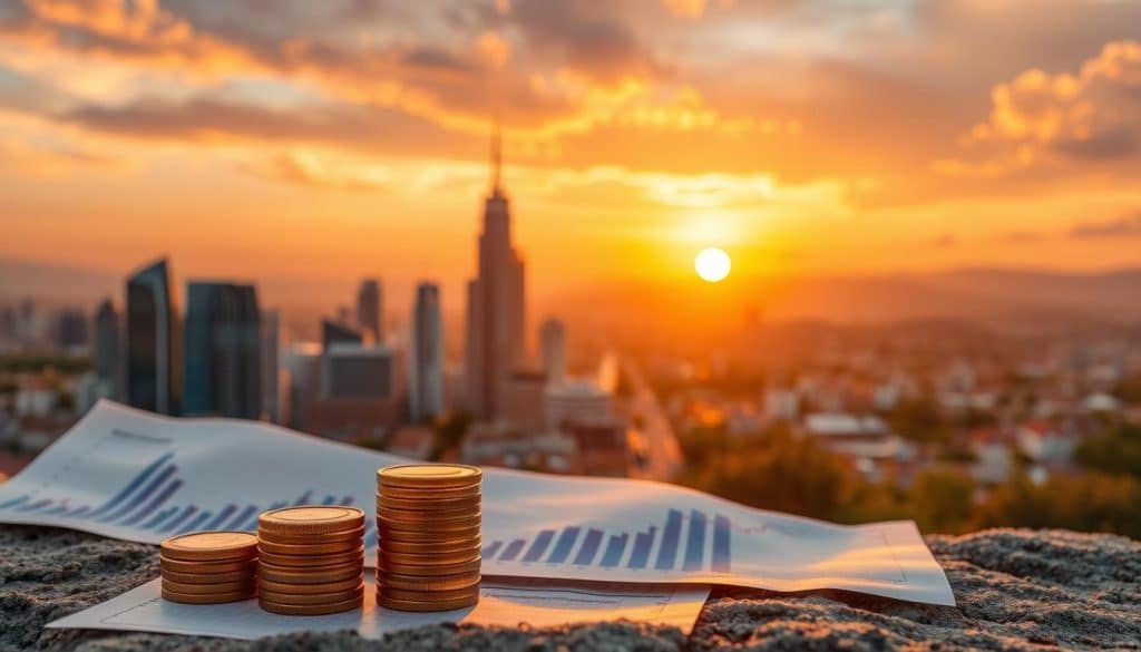 A serene landscape at golden hour, capturing the advantages of short-term investments. In the foreground, a stack of gold coins and a finance chart, symbolizing the potential for rapid growth and flexibility. The middle ground features a modern cityscape, with skyscrapers and bustling activity, representing the dynamism and opportunities of the financial markets. In the background, a vibrant sunset paints the sky in warm hues, conveying a sense of optimism and prosperity. The lighting is soft and diffused, creating a welcoming and inviting atmosphere. The camera angle is slightly elevated, providing a panoramic view that emphasizes the interconnectedness of the different elements. Overall, the image aims to convey the advantages of short-term investments, such as liquidity, responsiveness, and the potential for substantial returns.