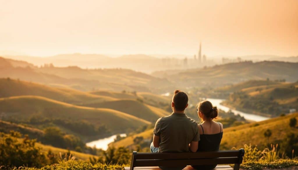 A serene landscape of rolling hills, dotted with lush greenery and a winding river. In the foreground, a couple sits on a bench, lost in contemplation, their expressions radiating a sense of calm and security. The warm, golden light of the sun casts a soft glow, creating a peaceful and tranquil atmosphere. In the background, a modern city skyline emerges, a subtle reminder of the context and the need for travel insurance. The composition is balanced, with the natural elements and the urban landscape complementing each other, symbolizing the balance between adventure and protection. The overall scene evokes a sense of security and preparedness for the journey ahead. A serene landscape of rolling hills, dotted with lush greenery and a winding river. In the foreground, a couple sits on a bench, lost in contemplation, their expressions radiating a sense of calm and security. The warm, golden light of the sun casts a soft glow, creating a peaceful and tranquil atmosphere. In the background, a modern city skyline emerges, a subtle reminder of the context and the need for travel insurance. The composition is balanced, with the natural elements and the urban landscape complementing each other, symbolizing the balance between adventure and protection. The overall scene evokes a sense of security and preparedness for the journey ahead.