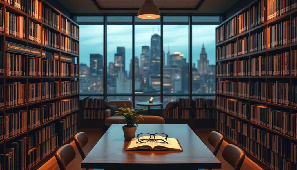 A serene library interior, bathed in warm, ambient lighting. Bookshelves line the walls, their spines showcasing titles on personal finance, investing, and financial education. In the center, a wooden desk sits, adorned with a potted plant, a notebook, and a pair of reading glasses. Through the large windows, a cityscape can be seen in the distance, hinting at the real-world applications of the knowledge contained within. The atmosphere is one of contemplation and intellectual curiosity, inviting the viewer to explore the world of financial education.
