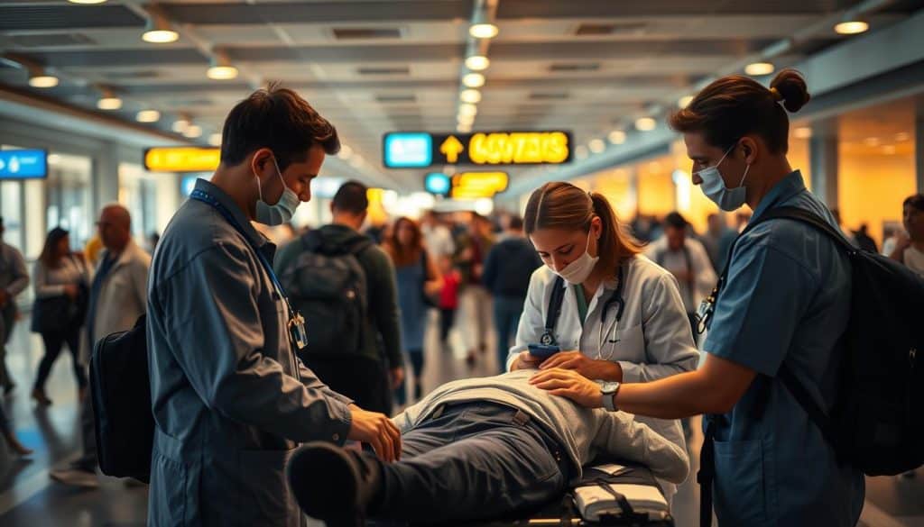 A serene medical assistance scene in a bustling airport terminal. In the foreground, a team of attentive medical professionals tend to a traveler, providing compassionate care. The middle ground features a dynamic backdrop of people rushing through the terminal, conveying the urgency of the situation. Warm, diffused lighting illuminates the scene, creating a sense of safety and reassurance. The composition emphasizes the traveler's vulnerability and the medical team's unwavering dedication, capturing the essence of travel insurance coverage for medical emergencies. A serene medical assistance scene in a bustling airport terminal. In the foreground, a team of attentive medical professionals tend to a traveler, providing compassionate care. The middle ground features a dynamic backdrop of people rushing through the terminal, conveying the urgency of the situation. Warm, diffused lighting illuminates the scene, creating a sense of safety and reassurance. The composition emphasizes the traveler's vulnerability and the medical team's unwavering dedication, capturing the essence of travel insurance coverage for medical emergencies.