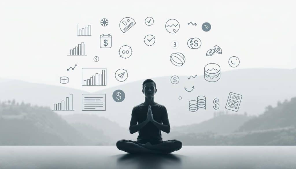 A serene, minimalist composition depicting techniques for financial mindfulness. In the foreground, a person sitting in a meditative pose, eyes closed, hands in a mudra. The middle ground features various financial symbols and icons - charts, graphs, coins, and a calculator - all rendered in a muted, monochromatic palette. The background showcases a tranquil, nature-inspired landscape with soft, diffused lighting, creating a sense of calm and balance. The overall mood is one of introspection, focus, and a harmonious integration of financial well-being and personal growth. A serene, minimalist composition depicting techniques for financial mindfulness. In the foreground, a person sitting in a meditative pose, eyes closed, hands in a mudra. The middle ground features various financial symbols and icons - charts, graphs, coins, and a calculator - all rendered in a muted, monochromatic palette. The background showcases a tranquil, nature-inspired landscape with soft, diffused lighting, creating a sense of calm and balance. The overall mood is one of introspection, focus, and a harmonious integration of financial well-being and personal growth.