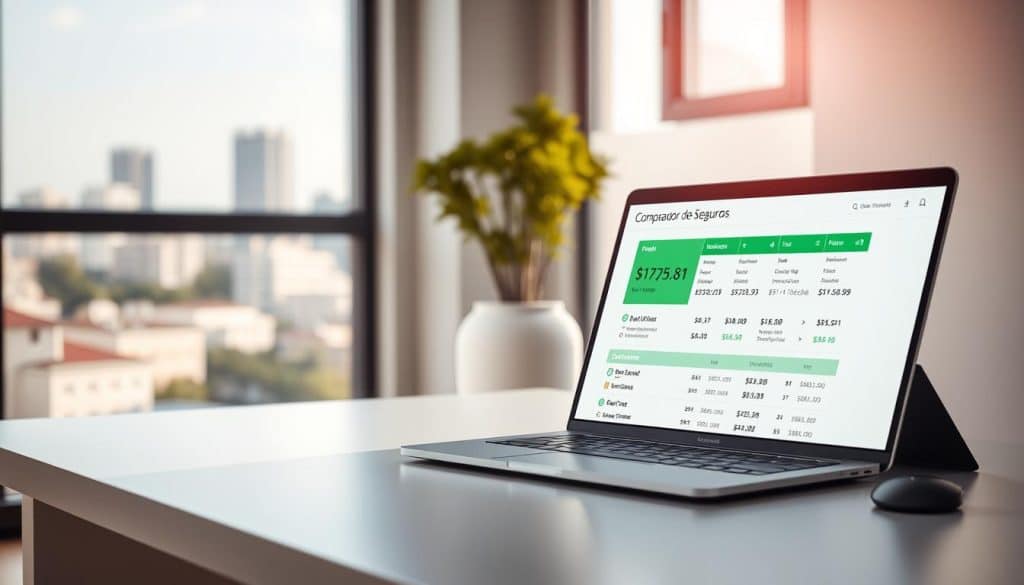 A serene, minimalist office interior with a large window overlooking a serene urban landscape. On the desk, a modern laptop and a sleek, contemporary "comparador de seguros" device, its display showing various insurance options and rates. The lighting is soft and natural, creating a calm, contemplative atmosphere. The scene conveys a sense of focused, efficient research and decision-making, reflecting the process of finding the "ideal" insurance solution.