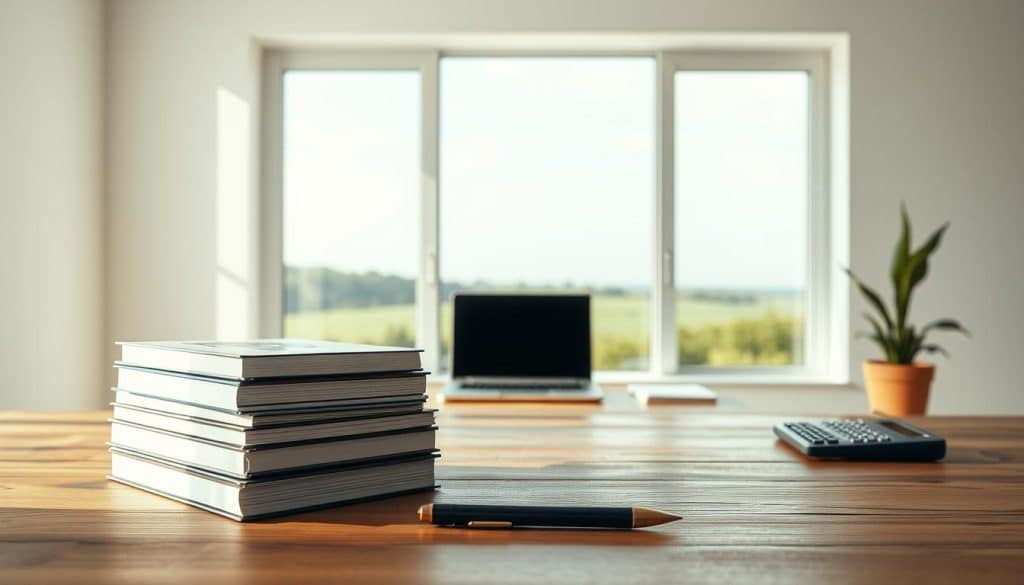 A serene, minimalist scene depicting the concept of financial education and money management. In the foreground, a stack of books and a pen neatly arranged on a wooden table, symbolizing the tools of financial literacy. The middle ground features a clean, uncluttered workspace with a laptop and calculator, representing the practical application of financial knowledge. In the background, a large window overlooks a calm, natural landscape, conveying a sense of balance and tranquility. Soft, natural lighting illuminates the scene, creating a warm and inviting atmosphere. The overall composition reflects the clarity, organization, and thoughtfulness inherent in effective financial education.