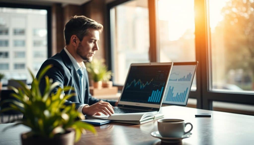 A serene office setting with a businessman sitting at a desk, intently studying financial charts and graphs on his laptop. Warm, natural lighting filters through large windows, casting a pensive glow. In the foreground, a potted plant and a cup of coffee hint at the need for emotional balance amidst the intensity of investment decisions. The background is softly blurred, creating a sense of focus and concentration. The overall atmosphere conveys the delicate balance between rational analysis and emotional intelligence required for successful long-term investing.