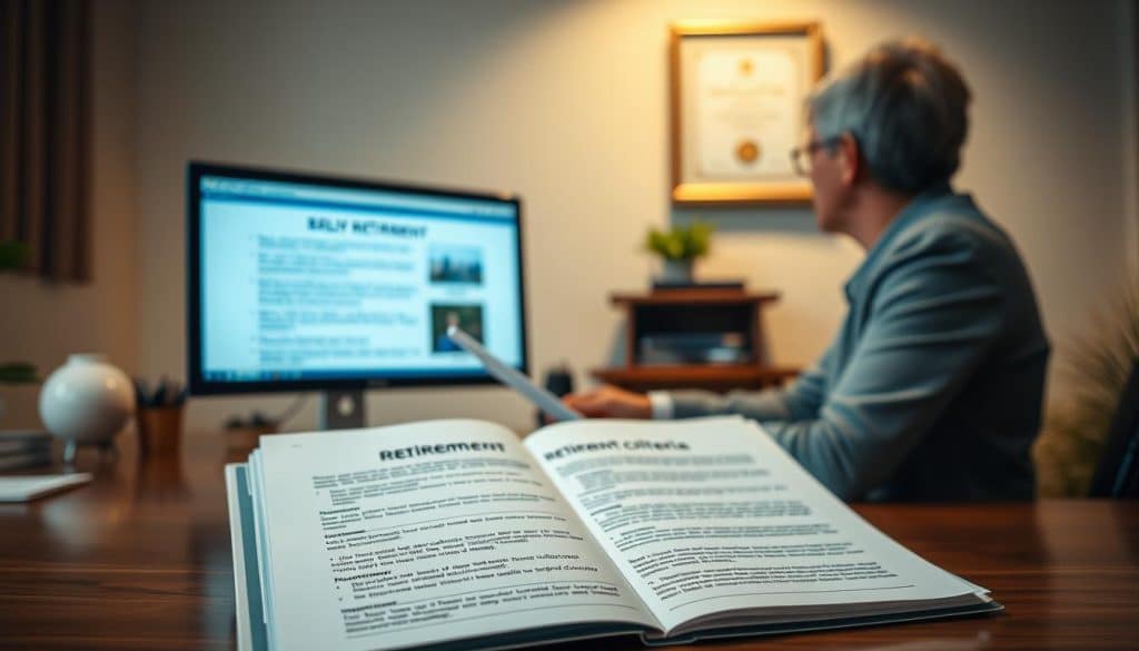 A serene office setting, with a person sitting at a desk reviewing retirement documents. The foreground features an open file folder displaying retirement eligibility criteria, including voluntary and mandatory early retirement requirements. The middle ground showcases a computer monitor displaying relevant legislation and regulations. The background depicts a wall-mounted certificate or diploma, symbolizing the educational and professional qualifications necessary for early retirement. Soft, warm lighting illuminates the scene, creating a contemplative and authoritative atmosphere. The composition emphasizes the importance of understanding the legal and financial aspects of voluntary and mandatory early retirement. A serene office setting, with a person sitting at a desk reviewing retirement documents. The foreground features an open file folder displaying retirement eligibility criteria, including voluntary and mandatory early retirement requirements. The middle ground showcases a computer monitor displaying relevant legislation and regulations. The background depicts a wall-mounted certificate or diploma, symbolizing the educational and professional qualifications necessary for early retirement. Soft, warm lighting illuminates the scene, creating a contemplative and authoritative atmosphere. The composition emphasizes the importance of understanding the legal and financial aspects of voluntary and mandatory early retirement.
