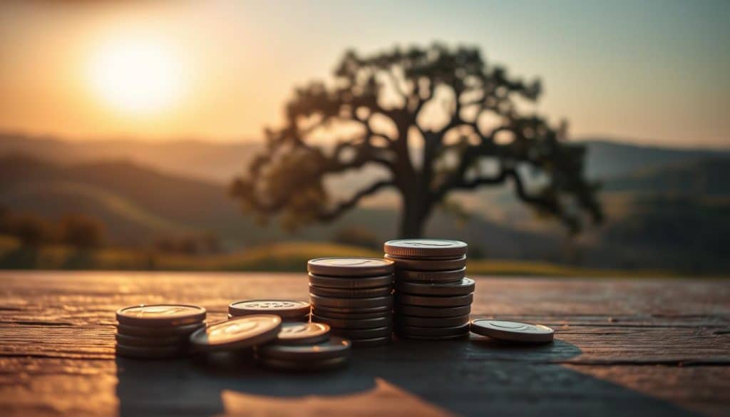 A serene retirement planning scene with a long-term savings horizon. In the foreground, a stack of coins representing financial growth over time, casting soft shadows. In the middle ground, a mature oak tree with gently swaying branches, symbolizing the steadiness of long-term investments. The background features a calming, sunset-lit landscape with rolling hills, evoking a sense of tranquility and security. The lighting is warm and diffused, creating a contemplative atmosphere. Captured with a wide-angle lens to convey a sense of expansiveness and longevity. A serene retirement planning scene with a long-term savings horizon. In the foreground, a stack of coins representing financial growth over time, casting soft shadows. In the middle ground, a mature oak tree with gently swaying branches, symbolizing the steadiness of long-term investments. The background features a calming, sunset-lit landscape with rolling hills, evoking a sense of tranquility and security. The lighting is warm and diffused, creating a contemplative atmosphere. Captured with a wide-angle lens to convey a sense of expansiveness and longevity.