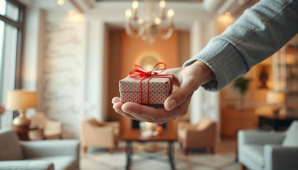 A serene scene depicting the concept of a donation. In the foreground, a pair of hands delicately passing a gift box, conveying the act of giving. The middle ground features a warm, inviting interior with soft lighting, suggesting a sense of comfort and generosity. In the background, subtle patterns and textures create a refined, elegant atmosphere. The overall composition evokes a feeling of thoughtfulness, care, and the joy of making a meaningful contribution. Captured with a wide-angle lens and a shallow depth of field, the image showcases the essence of a donation in a visually captivating manner.