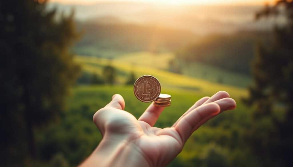 A serene, softly-lit scene depicting the compounding growth of long-term investments. In the foreground, a hand delicately holds a small coin, representing the initial investment. Behind it, the coin appears to gradually grow and multiply, forming a visual metaphor for the power of compound interest. The middle ground features a lush, verdant landscape, symbolizing the steady, organic growth of wealth over time. In the background, a distant horizon with a warm, golden glow creates a sense of optimism and prosperity. The overall composition evokes a feeling of patience, diligence, and the rewards of long-term financial planning.