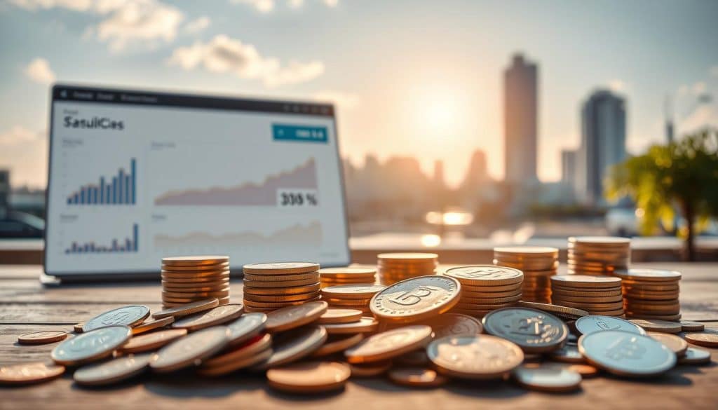 A serene, sun-dappled scene of accessible investment options. In the foreground, a diverse array of coins, stocks, and bonds are arranged with care, conveying the approachability of low-cost investing. The middle ground features a sleek, minimalist financial dashboard, displaying easy-to-understand performance metrics. In the background, a softly blurred cityscape with modern, accessible architecture suggests the attainability of building wealth. The overall composition radiates a sense of simplicity, accessibility, and empowerment, inviting the viewer to explore the world of investing with confidence.