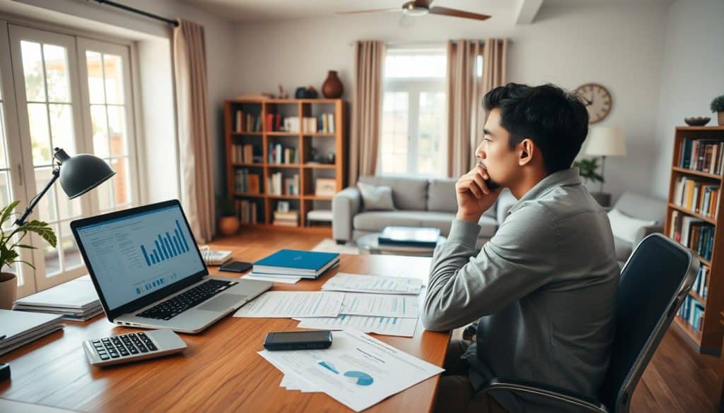 A serene, well-lit home office with a wooden desk, organized with financial documents, calculators, and a laptop displaying charts and graphs. In the foreground, a person in casual attire sits thoughtfully, contemplating strategies to manage and pay off debts. The middle ground features shelves filled with books on personal finance and debt management. The background showcases a warm, inviting living room with natural light streaming through large windows, creating a sense of tranquility and focus. The overall mood is one of diligence, determination, and a practical approach to resolving financial challenges. A serene, well-lit home office with a wooden desk, organized with financial documents, calculators, and a laptop displaying charts and graphs. In the foreground, a person in casual attire sits thoughtfully, contemplating strategies to manage and pay off debts. The middle ground features shelves filled with books on personal finance and debt management. The background showcases a warm, inviting living room with natural light streaming through large windows, creating a sense of tranquility and focus. The overall mood is one of diligence, determination, and a practical approach to resolving financial challenges.