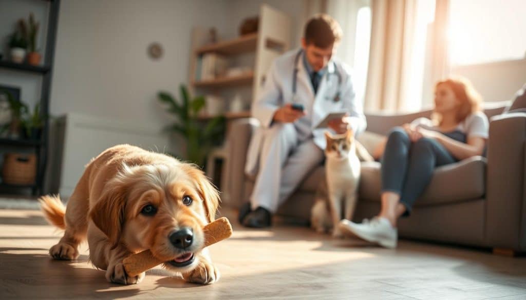A serene, well-lit scene showcasing the benefits of pet insurance. In the foreground, a playful dog happily playing with a chew toy, representing the pet's health and happiness. In the middle ground, a veterinarian examining a cat, demonstrating the medical care coverage. In the background, a family relaxing at home, signifying the peace of mind and financial protection provided by the pet insurance. The lighting is warm and natural, creating a welcoming atmosphere. The composition is balanced, with the subjects arranged to emphasize the key benefits of pet insurance coverage. A serene, well-lit scene showcasing the benefits of pet insurance. In the foreground, a playful dog happily playing with a chew toy, representing the pet's health and happiness. In the middle ground, a veterinarian examining a cat, demonstrating the medical care coverage. In the background, a family relaxing at home, signifying the peace of mind and financial protection provided by the pet insurance. The lighting is warm and natural, creating a welcoming atmosphere. The composition is balanced, with the subjects arranged to emphasize the key benefits of pet insurance coverage.