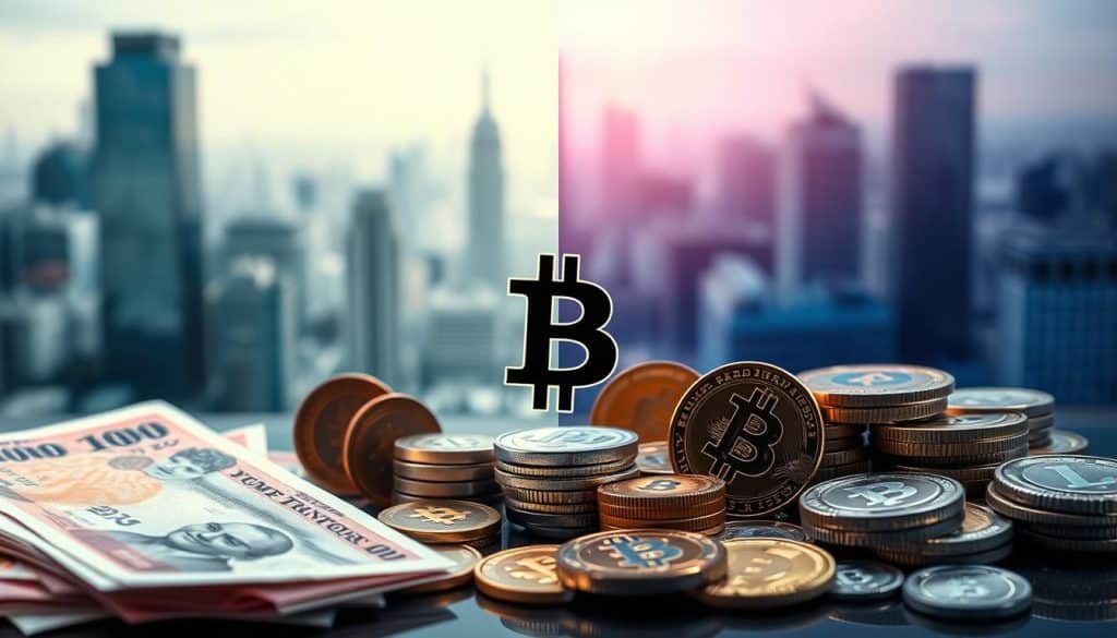 A side-by-side comparison of traditional fiat currency and digital cryptocurrencies. In the foreground, crisp banknotes and metallic coins representing traditional money, with a warm, natural lighting. In the middle ground, a variety of cryptocurrency symbols and tokens, rendered in a sleek, high-tech style with cool, futuristic lighting. The background features a blurred, abstract cityscape, symbolizing the global financial landscape. The overall mood is one of thoughtful contemplation, inviting the viewer to consider the merits and drawbacks of both monetary systems.