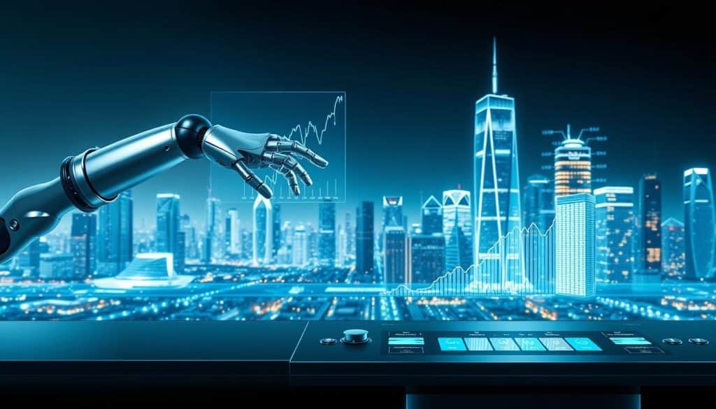 A sleek and futuristic scene depicting the concept of robo-advisors and automated investment technology. In the foreground, a metallic robotic arm gracefully manipulates holographic financial data, symbolizing the automated analysis and decision-making capabilities of robo-advisors. The middle ground features a minimalist, high-tech control panel with interactive displays, highlighting the user interface and user experience. In the background, a panoramic cityscape of gleaming skyscrapers and technological infrastructure sets the scene, conveying the integration of robo-advisors within the modern financial landscape. The lighting is crisp and cool, with subtle blue and green hues reflecting the digital nature of the technology. The overall atmosphere is one of efficiency, innovation, and the seamless integration of human and machine in the world of automated investments.