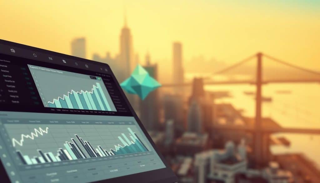 A sleek, modern financial dashboard showcasing essential functions. In the foreground, a minimalist spreadsheet interface with clean lines and a grayscale color palette. Glowing charts and graphs display key financial metrics, their visualizations crisp and data-driven. In the middle ground, abstract geometric shapes in shades of blue and green, hinting at the complex algorithms powering the analytics. The background is a serene, out-of-focus cityscape, skyscrapers and bridges rendered in a muted, cinematic style, suggestive of the broader economic landscape. Warm, directional lighting casts dramatic shadows, creating depth and emphasizing the precision of the financial tools. The overall mood is one of professionalism, efficiency, and technological sophistication.