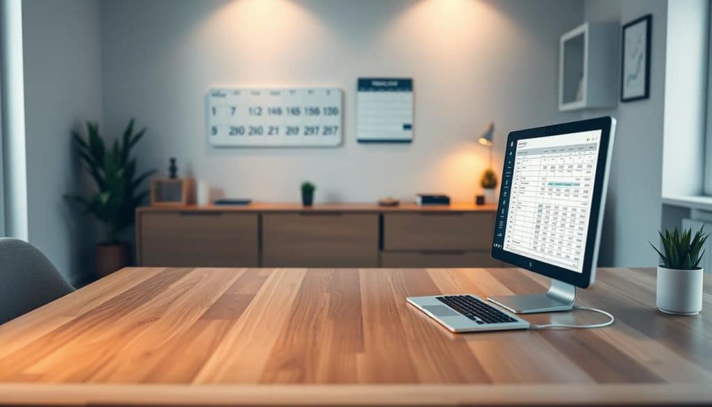 A sleek, modern home office with a large wooden desk and a clean, minimalist aesthetic. A monthly budget spreadsheet is open on the computer screen, with carefully organized financial data and neatly arranged numbers. The lighting is soft and warm, creating a cozy and focused atmosphere. In the background, a wall-mounted calendar and a few carefully selected decor pieces add a touch of professionalism and organization. The scene conveys a sense of financial control, thoughtful planning, and a dedication to personal finance management.