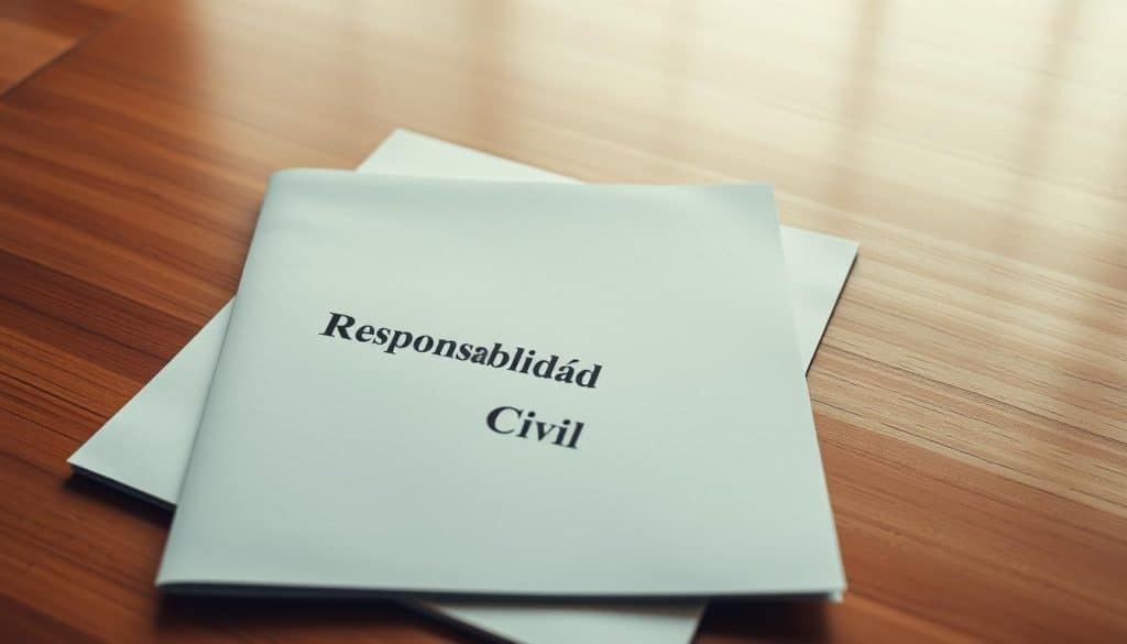 A sleek, modern insurance policy document, resting on a polished wooden desk. The cover features the phrase "Responsabilidad Civil" prominently displayed in a clean, sophisticated font, conveying a sense of professionalism and legal authority. The background is a subtle gradient, creating depth and dimension. The lighting is soft and directional, casting warm shadows that accentuate the textures of the materials. The composition is balanced, with the document occupying the central focus, surrounded by a minimalist, office-like setting. The overall atmosphere is one of trustworthiness, stability, and the weight of legal responsibility. A sleek, modern insurance policy document, resting on a polished wooden desk. The cover features the phrase "Responsabilidad Civil" prominently displayed in a clean, sophisticated font, conveying a sense of professionalism and legal authority. The background is a subtle gradient, creating depth and dimension. The lighting is soft and directional, casting warm shadows that accentuate the textures of the materials. The composition is balanced, with the document occupying the central focus, surrounded by a minimalist, office-like setting. The overall atmosphere is one of trustworthiness, stability, and the weight of legal responsibility.