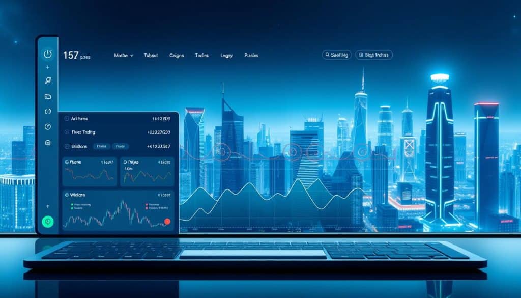 A sleek, modern investment platform with a clean, minimalist interface. The foreground features a stylized graph or chart showcasing various investment options, with intuitive controls and customization options. The middle ground depicts a series of automated trading algorithms or AI-driven investment strategies, represented by abstract icons or glyphs. The background shows a futuristic cityscape, with gleaming skyscrapers and a vibrant, dynamic atmosphere, reflecting the cutting-edge nature of the automated investment solutions. The overall scene conveys a sense of efficiency, innovation, and empowerment for the savvy investor.