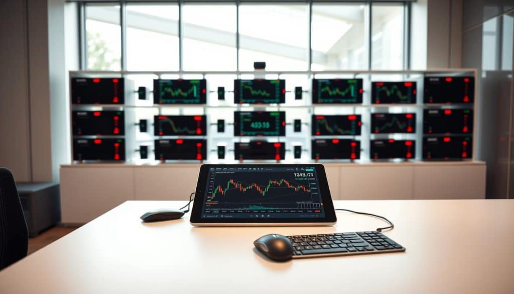 A sleek, modern office setting with an array of automated investment tools and devices. In the foreground, a clean-lined desk features a tablet displaying stock charts and financial data, alongside a high-tech mouse and keyboard. In the middle ground, shelves hold compact, high-resolution displays and algorithmic trading modules, their LED indicators pulsing softly. The background showcases floor-to-ceiling windows, allowing natural light to flood the space and create a sense of openness and transparency. The overall atmosphere is one of efficiency, precision, and the seamless integration of technology and finance.