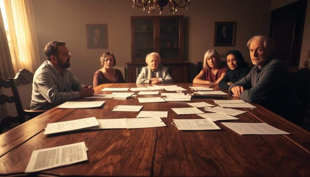 A solemn family gathering in a dimly lit room, the air heavy with emotional weight. A large, ornate oak table dominates the foreground, papers and documents scattered across its surface, representing the complexities of inheritance and estate taxes. In the middle ground, family members sit solemnly, their expressions a mix of somber contemplation and the strain of navigating the legalities of their loss. The background fades into a soft, muted palette, evoking a sense of melancholy and the passage of time. Warm, diffused lighting casts a subtle glow, lending an air of introspection to the scene. Overall, the image conveys the delicate balance of familial bonds and the bureaucratic realities of "impuesto de sucesiones y emociones familiares."