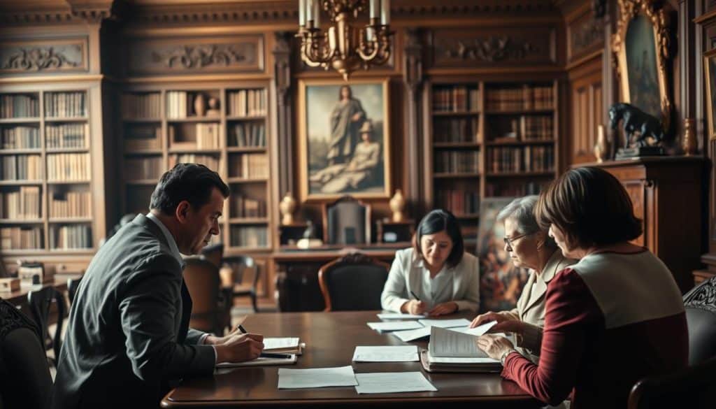 A solemn, formal scene depicting the "proceso partición de herencia" (inheritance division process). In the foreground, a group of people, likely family members, gather around a table, solemnly discussing documents and papers. The middle ground shows an ornate, old-fashioned office setting, with bookshelves, a large desk, and antique furniture. The background is softly blurred, hinting at the gravity and significance of the event. Warm, muted lighting casts a somber, reflective mood, while the camera angle is slightly elevated, giving a sense of authority and importance to the proceedings. The overall composition conveys the weight and complexity of the inheritance division process.