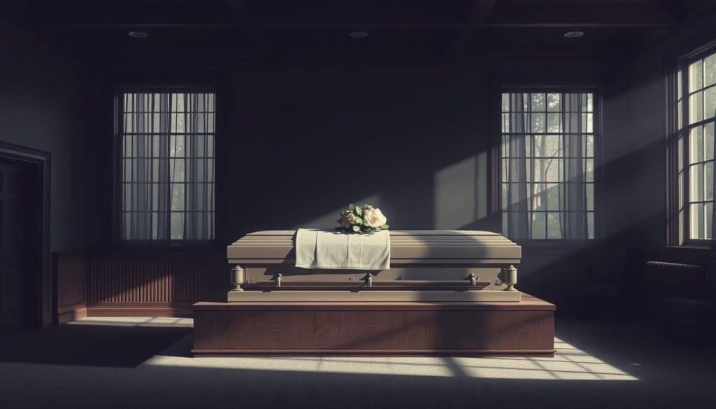 A somber, serene scene of a traditional funeral home. In the foreground, a simple, elegant casket sits atop a raised platform, draped with a delicate floral arrangement. The middle ground features subdued, muted lighting, casting soft shadows that convey a sense of solemnity. In the background, floor-to-ceiling windows allow natural light to filter in, creating a warm, contemplative atmosphere. The overall composition evokes a sense of reverence and dignity, reflecting the gravity of the occasion.