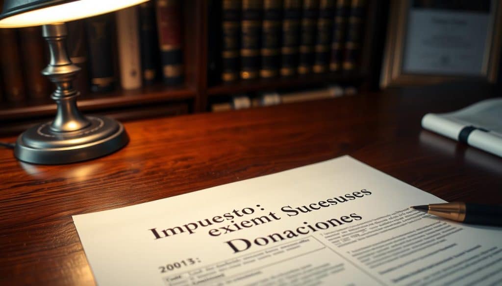 A somber yet elegant inheritance tax document lying on a mahogany desk, illuminated by a warm desk lamp. The document's title "Impuesto Sucesiones Donaciones" is prominently displayed, hinting at the gravity of the subject matter. In the background, a bookshelf filled with legal tomes and a framed diploma add a sense of authority and professionalism. The overall scene conveys the serious nature of estate planning and the careful consideration required when navigating inheritance tax laws.