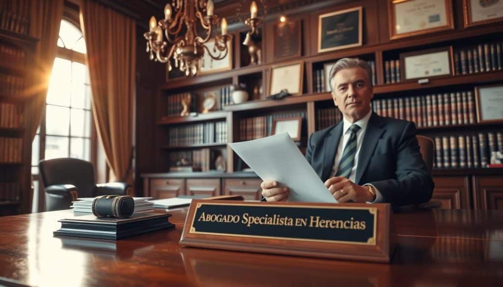 A sophisticated and authoritative legal office, bathed in warm golden light from large windows. In the foreground, a well-appointed mahogany desk with a nameplate reading "Abogado Especialista en Herencias". On the desk, a family heirloom and legal documents. Behind the desk, a distinguished attorney in a tailored suit, exuding expertise and professionalism. Shelves of law books and framed certificates line the walls, conveying the depth of knowledge. An ornate chandelier casts a refined ambiance. The overall scene evokes trust, competence, and a commitment to handling delicate inheritance matters with the utmost care.