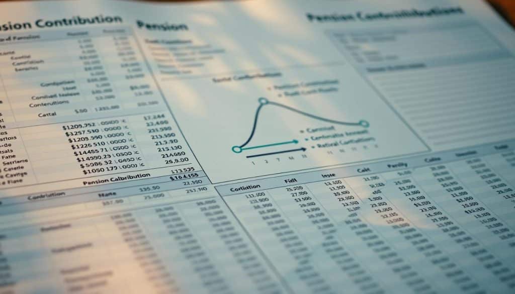 A sophisticated financial document showcasing intricate calculations and data visualizations. The foreground features a detailed spreadsheet with numerical entries, formulas, and charts, conveying the complex nature of pension contribution calculations. The middle ground depicts a stylized graph or diagram illustrating the relationship between income, contributions, and retirement benefits. The background presents a minimalist, clean design with subtle patterns or textures, creating a professional, technocratic atmosphere. Warm lighting from the side casts subtle shadows, adding depth and a sense of three-dimensionality to the scene. The overall composition strikes a balance between the analytical and the aesthetic, reflecting the importance of optimizing pension contributions for long-term financial security. A sophisticated financial document showcasing intricate calculations and data visualizations. The foreground features a detailed spreadsheet with numerical entries, formulas, and charts, conveying the complex nature of pension contribution calculations. The middle ground depicts a stylized graph or diagram illustrating the relationship between income, contributions, and retirement benefits. The background presents a minimalist, clean design with subtle patterns or textures, creating a professional, technocratic atmosphere. Warm lighting from the side casts subtle shadows, adding depth and a sense of three-dimensionality to the scene. The overall composition strikes a balance between the analytical and the aesthetic, reflecting the importance of optimizing pension contributions for long-term financial security.