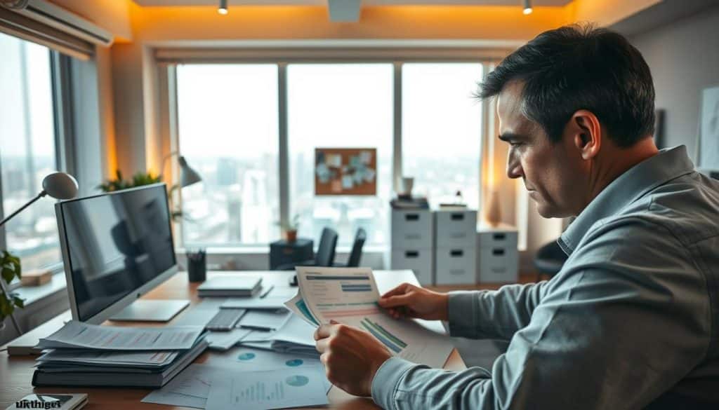 A spacious home office with a large desk, modern computer setup, and an array of financial documents and charts spread out. Warm, soft lighting from desk lamps casts a focused glow, creating an atmosphere of deep contemplation. In the foreground, a person intently analyzing the financial information, brow furrowed in concentration. The middle ground features filing cabinets, a corkboard with notes and reminders, while the background showcases a large window overlooking a cityscape, symbolizing the bigger financial landscape. The scene conveys a sense of diligent, methodical financial planning and evaluation. A spacious home office with a large desk, modern computer setup, and an array of financial documents and charts spread out. Warm, soft lighting from desk lamps casts a focused glow, creating an atmosphere of deep contemplation. In the foreground, a person intently analyzing the financial information, brow furrowed in concentration. The middle ground features filing cabinets, a corkboard with notes and reminders, while the background showcases a large window overlooking a cityscape, symbolizing the bigger financial landscape. The scene conveys a sense of diligent, methodical financial planning and evaluation.