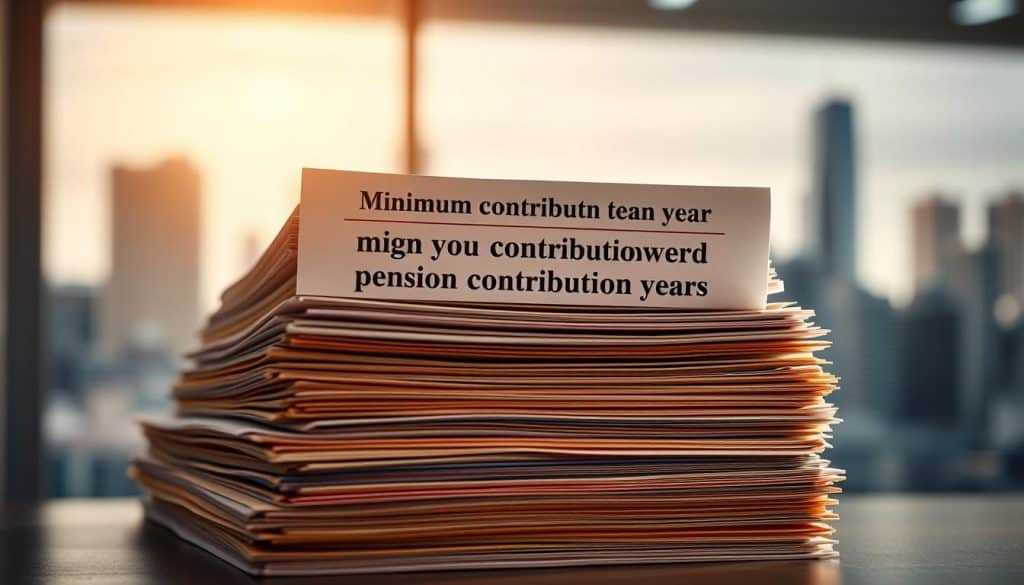 A stack of documents and files representing the minimum required pension contribution years, illuminated by a warm, diffused light. The documents are neatly organized, with a sense of importance and gravitas. In the background, a blurred cityscape symbolizes the administrative and bureaucratic context. The composition conveys the notion of understanding the significance of pension contribution years, a key factor in determining retirement eligibility.