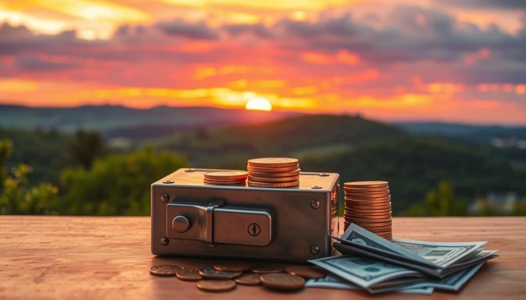 A stack of gold coins, silver bars, and paper bills against a backdrop of a dramatic sunset sky. The foreground features a sturdy metal lock box, its hinged lid slightly ajar to reveal the contents within. Soft, warm lighting illuminates the scene, casting a cozy glow and a sense of security. In the middle ground, lush green foliage and rolling hills provide a tranquil natural setting. The background is a stunning panorama of vibrant oranges, pinks, and purples, hinting at the financial stability and peace of mind that an emergency fund can provide. Composition is balanced, with the key elements arranged in a visually pleasing manner. A stack of gold coins, silver bars, and paper bills against a backdrop of a dramatic sunset sky. The foreground features a sturdy metal lock box, its hinged lid slightly ajar to reveal the contents within. Soft, warm lighting illuminates the scene, casting a cozy glow and a sense of security. In the middle ground, lush green foliage and rolling hills provide a tranquil natural setting. The background is a stunning panorama of vibrant oranges, pinks, and purples, hinting at the financial stability and peace of mind that an emergency fund can provide. Composition is balanced, with the key elements arranged in a visually pleasing manner.