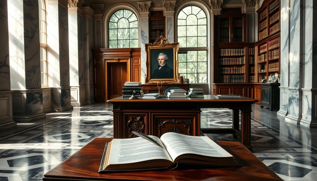A stately marble hallway, sunlight streaming through tall windows, illuminating the intricate geometric patterns on the floors. In the foreground, a massive oak desk stands, laden with neatly stacked documents and a brass-framed portrait. A leather-bound ledger lies open, a quill poised over its pages, symbolizing the meticulous management of an inheritance. In the background, ornate bookcases line the walls, their shelves filled with volumes on law and estate planning. The overall atmosphere conveys a sense of gravitas and professionalism, befitting the importance of estate administration.