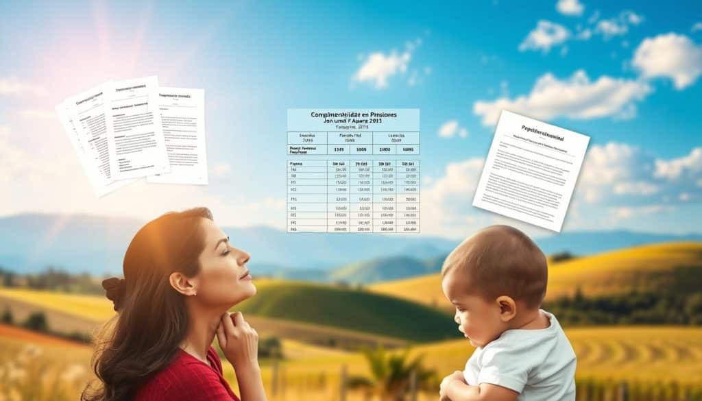 A striking and informative illustration of "complemento maternidad en pensiones" set against a backdrop of a serene, sun-dappled landscape. In the foreground, a thoughtful, caring mother gazes lovingly at her child, conveying the essence of maternal nurturing. The middle ground features a detailed representation of pension fund documents and calculations, symbolizing the legal and financial aspects of this benefit. The background showcases a peaceful, pastoral scene with rolling hills and a vibrant blue sky, creating a sense of harmony and security. Soft, warm lighting casts a gentle glow over the entire composition, evoking a mood of tranquility and contentment. The overall scene seamlessly blends the emotional, legal, and financial elements of this retirement benefit for mothers. A striking and informative illustration of "complemento maternidad en pensiones" set against a backdrop of a serene, sun-dappled landscape. In the foreground, a thoughtful, caring mother gazes lovingly at her child, conveying the essence of maternal nurturing. The middle ground features a detailed representation of pension fund documents and calculations, symbolizing the legal and financial aspects of this benefit. The background showcases a peaceful, pastoral scene with rolling hills and a vibrant blue sky, creating a sense of harmony and security. Soft, warm lighting casts a gentle glow over the entire composition, evoking a mood of tranquility and contentment. The overall scene seamlessly blends the emotional, legal, and financial elements of this retirement benefit for mothers.