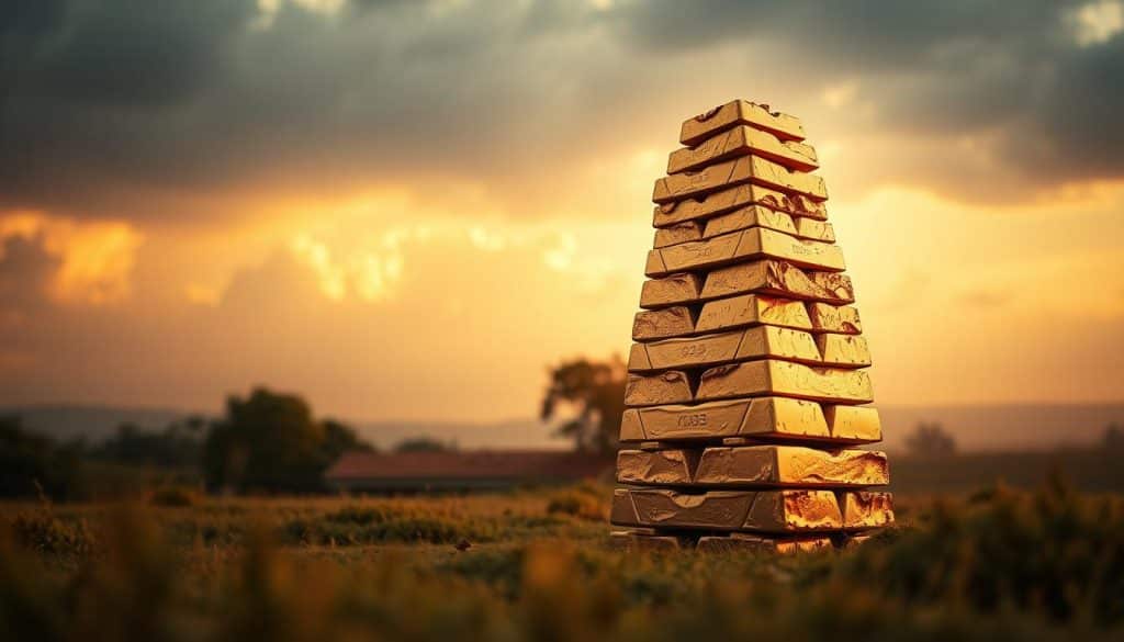 A striking landscape depicting the impact of time on investments. In the foreground, a towering stack of gold bars representing accumulated wealth, gradually weathered and eroded by the passage of years. The middle ground features a serene garden, symbolizing the patient growth of long-term investments, while the background is dominated by a dramatic sky, hinting at the unpredictable nature of the market. Warm, golden lighting illuminates the scene, conveying a sense of timeless prosperity, while a subtle lens blur softens the edges, evoking a sense of nostalgia and the fleeting nature of financial success. The overall composition emphasizes the transformative power of time, both in building and eroding capital, underscoring the importance of a long-term investment strategy.