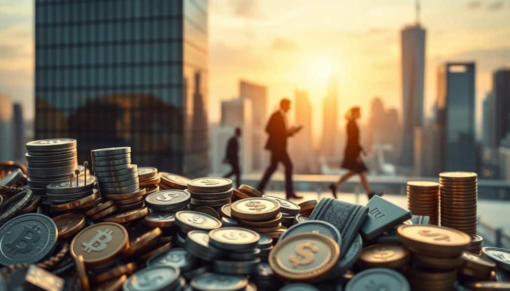 A striking visual representation of financial investments and debt, set against a backdrop of a sleek, modern cityscape. In the foreground, a detailed arrangement of various financial instruments, including stocks, bonds, and currency symbols, all rendered in a metallic, textured style that conveys a sense of solidity and permanence. The middle ground features silhouetted figures, representing individuals or institutions, engaged in financial transactions, their movements blurred to suggest the dynamic nature of the market. In the distance, a towering skyline of skyscrapers and modern architecture, lit by a warm, golden glow that suggests a sense of growth and prosperity. The overall composition evokes a sense of balance, with the interplay between investments and debt creating a visually compelling and thought-provoking image. A striking visual representation of financial investments and debt, set against a backdrop of a sleek, modern cityscape. In the foreground, a detailed arrangement of various financial instruments, including stocks, bonds, and currency symbols, all rendered in a metallic, textured style that conveys a sense of solidity and permanence. The middle ground features silhouetted figures, representing individuals or institutions, engaged in financial transactions, their movements blurred to suggest the dynamic nature of the market. In the distance, a towering skyline of skyscrapers and modern architecture, lit by a warm, golden glow that suggests a sense of growth and prosperity. The overall composition evokes a sense of balance, with the interplay between investments and debt creating a visually compelling and thought-provoking image.