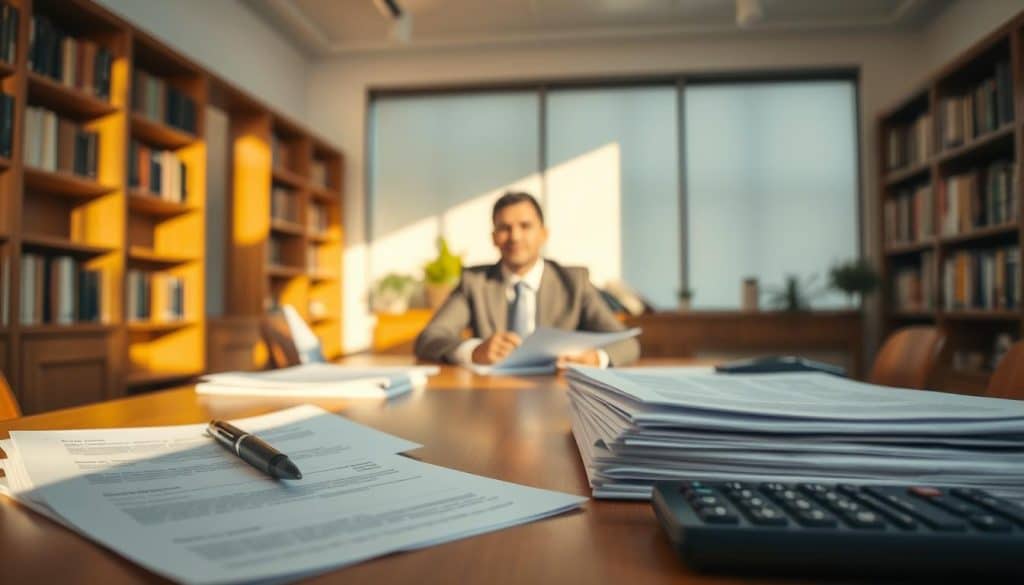 A sunlit office interior, the foreground showcasing a wooden desk with stacks of documents, a pen, and a calculator. In the middle ground, a person in business attire sits at the desk, focused on the paperwork. The background features bookcases lining the walls, casting warm, diffused lighting across the scene. The atmosphere is one of quiet concentration, as the individual navigates the complex process of inheritance without a will. The image conveys a sense of professionalism and attention to detail in handling this sensitive legal matter.
