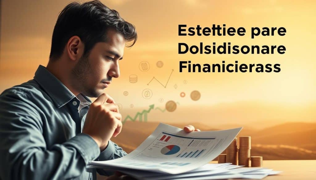 A thoughtfully composed image of "estrategias decisiones financieras" for the article section "Estrategias para Optimizar Decisiones Financieras". The foreground depicts a person carefully analyzing financial charts and documents, conveying a sense of focus and strategic decision-making. The middle ground showcases various financial instruments like coins, banknotes, and investment icons, representing the different elements considered in financial planning. The background features a serene, abstract landscape in warm tones, creating a calming and contemplative atmosphere. The lighting is soft and diffused, highlighting the subject's contemplative pose. The overall composition and mood aim to visually encapsulate the essence of the section, inspiring readers to thoughtfully approach their financial decisions.