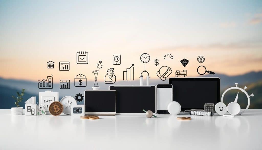 A thoughtfully curated collection of financial tools and instruments, artfully arranged against a soft, blurred background. The foreground features various icons and symbols representing different financial strategies and services, such as investment portfolios, budgeting apps, and banking platforms. The middle ground showcases a selection of modern, minimalist device mockups, hinting at the digital nature of these financial tools. The background is a serene, gradient-based landscape, evoking a sense of balance and tranquility, complementing the subject matter. The overall composition and lighting convey a professional, yet approachable atmosphere, suitable for an article on personal finance applications.