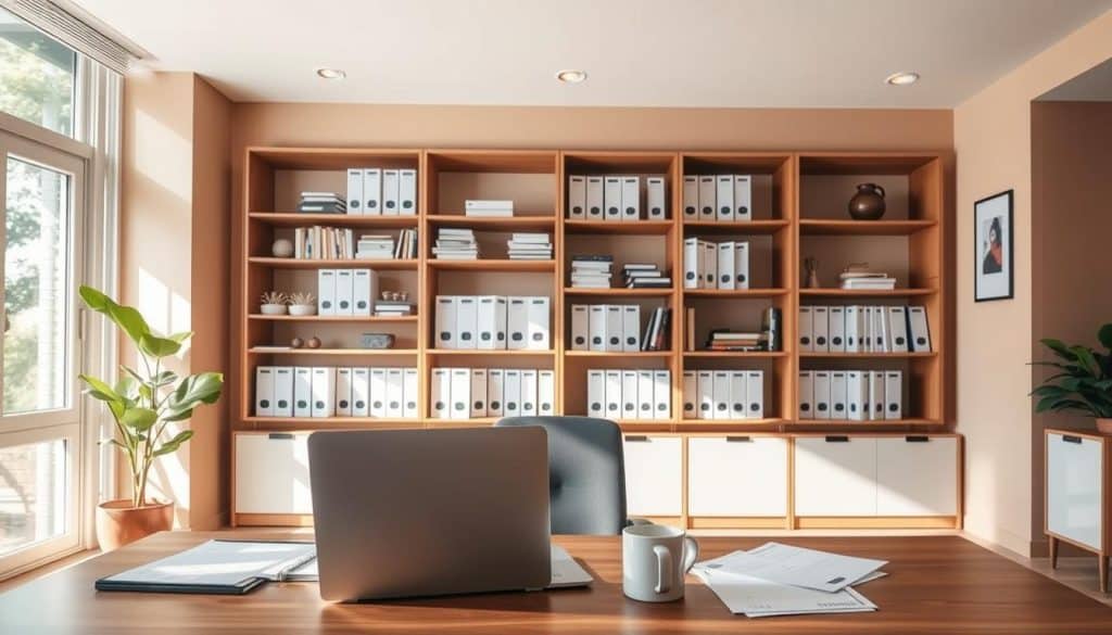 A thoughtfully designed office space with a warm, professional atmosphere. In the foreground, a desk featuring a laptop, coffee mug, and paperwork, conveying the routine tasks of a self-employed individual. In the middle ground, custom-designed shelving units displaying insurance documents, policies, and other financial records. The background showcases large windows allowing natural light to flood the room, creating a serene and productive environment. The color palette is a harmonious blend of earthy tones, instilling a sense of reliability and security. Subtle lighting fixtures provide a soft, indirect illumination, creating an inviting and trustworthy ambiance suitable for a self-employed professional.