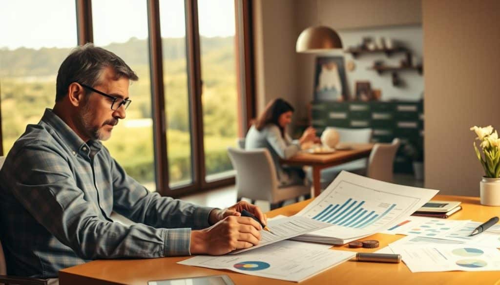 A tranquil and serene scene depicting the impact of financial planning on personal life. In the foreground, a person sits at a desk, meticulously reviewing financial documents and charts, their face reflecting a sense of focus and determination. In the middle ground, a family gathers around a dining table, enjoying a meal together, symbolizing the harmony and security that financial stability can bring. In the background, a window offers a view of a lush, verdant landscape, conveying a sense of balance and connection between financial well-being and personal fulfillment. Warm, soft lighting bathes the scene, creating an atmosphere of comfort and introspection. The composition emphasizes the integration of financial planning and personal life, suggesting the holistic impact of responsible money management. A tranquil and serene scene depicting the impact of financial planning on personal life. In the foreground, a person sits at a desk, meticulously reviewing financial documents and charts, their face reflecting a sense of focus and determination. In the middle ground, a family gathers around a dining table, enjoying a meal together, symbolizing the harmony and security that financial stability can bring. In the background, a window offers a view of a lush, verdant landscape, conveying a sense of balance and connection between financial well-being and personal fulfillment. Warm, soft lighting bathes the scene, creating an atmosphere of comfort and introspection. The composition emphasizes the integration of financial planning and personal life, suggesting the holistic impact of responsible money management.