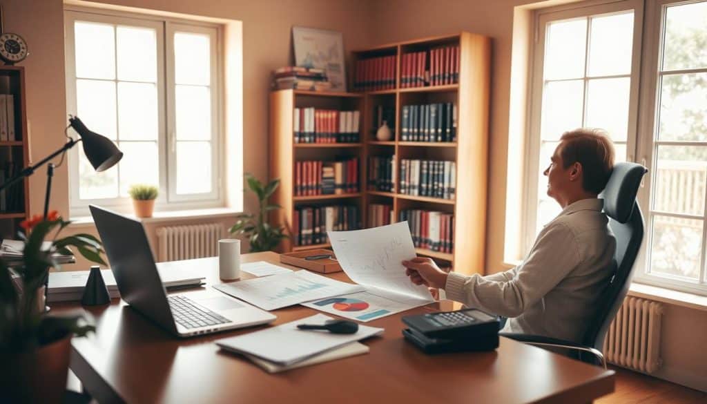 A tranquil financial strategy scene, with a person sitting at a desk reviewing documents and financial charts in a warm, earthy-toned office. Soft natural light filters through large windows, casting a serene ambiance. On the desk, a laptop, a calculator, and various stationery items are neatly arranged, conveying a sense of organized financial planning. The background features shelves filled with financial books and binders, hinting at the depth of knowledge required for effective financial decision-making. The overall composition suggests a thoughtful, contemplative approach to personal finance and wealth management. A tranquil financial strategy scene, with a person sitting at a desk reviewing documents and financial charts in a warm, earthy-toned office. Soft natural light filters through large windows, casting a serene ambiance. On the desk, a laptop, a calculator, and various stationery items are neatly arranged, conveying a sense of organized financial planning. The background features shelves filled with financial books and binders, hinting at the depth of knowledge required for effective financial decision-making. The overall composition suggests a thoughtful, contemplative approach to personal finance and wealth management.