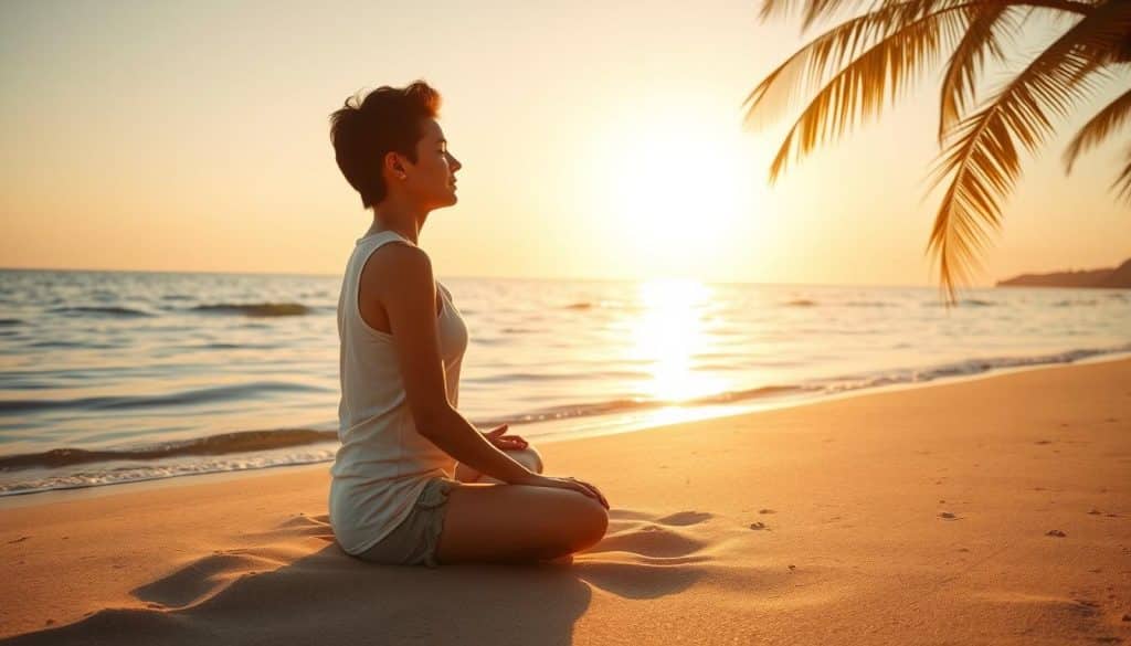A tranquil, minimalist scene of a person in a meditative pose, sitting cross-legged on a serene beach. The sun casts a warm, golden glow over the calm, rippling waves and the soft, sandy shore. Gentle palm trees sway in the breeze, creating a serene, contemplative atmosphere. The person's face is in profile, eyes closed, hands resting in their lap, embodying a sense of inner peace and focused awareness. The overall composition is balanced and harmonious, inviting the viewer to pause and reflect on the principles of "mindfulness financiero". A tranquil, minimalist scene of a person in a meditative pose, sitting cross-legged on a serene beach. The sun casts a warm, golden glow over the calm, rippling waves and the soft, sandy shore. Gentle palm trees sway in the breeze, creating a serene, contemplative atmosphere. The person's face is in profile, eyes closed, hands resting in their lap, embodying a sense of inner peace and focused awareness. The overall composition is balanced and harmonious, inviting the viewer to pause and reflect on the principles of "mindfulness financiero".