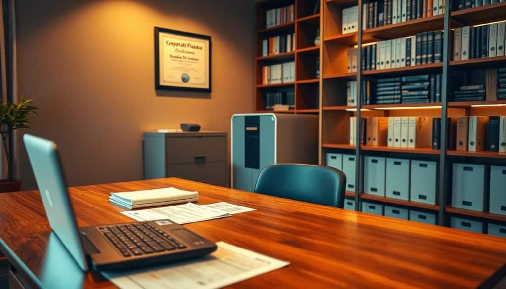 A tranquil office setting, bathed in warm, diffuse lighting. In the foreground, a wooden desk adorned with a laptop, a calculator, and neatly organized financial documents. In the middle ground, a sleek, modern filing cabinet and a framed certificate signifying expertise in corporate finance. The background showcases a stylish bookshelf filled with volumes on accounting, economics, and investment strategies. An air of professionalism and attention to detail pervades the scene, reflecting the intricacies of personal and corporate finance. A tranquil office setting, bathed in warm, diffuse lighting. In the foreground, a wooden desk adorned with a laptop, a calculator, and neatly organized financial documents. In the middle ground, a sleek, modern filing cabinet and a framed certificate signifying expertise in corporate finance. The background showcases a stylish bookshelf filled with volumes on accounting, economics, and investment strategies. An air of professionalism and attention to detail pervades the scene, reflecting the intricacies of personal and corporate finance.