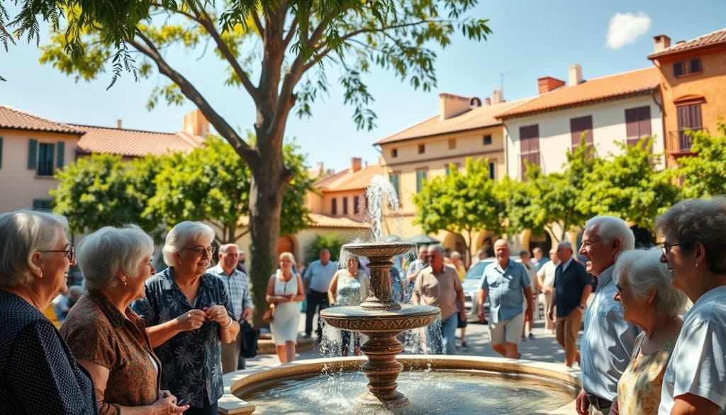 A tranquil scene of a sun-dappled Spanish retirement celebration, with a group of joyful retirees gathering in a picturesque town square. In the foreground, senior citizens converse animatedly, their faces aglow with contentment. The middle ground features a ornate fountain, its gentle spray reflecting the warmth of the Mediterranean sun. In the background, terracotta-roofed buildings and lush, verdant trees create a charming, historic ambiance. The overall mood is one of vibrant community, shared experience, and a well-earned respite from the demands of the working world.