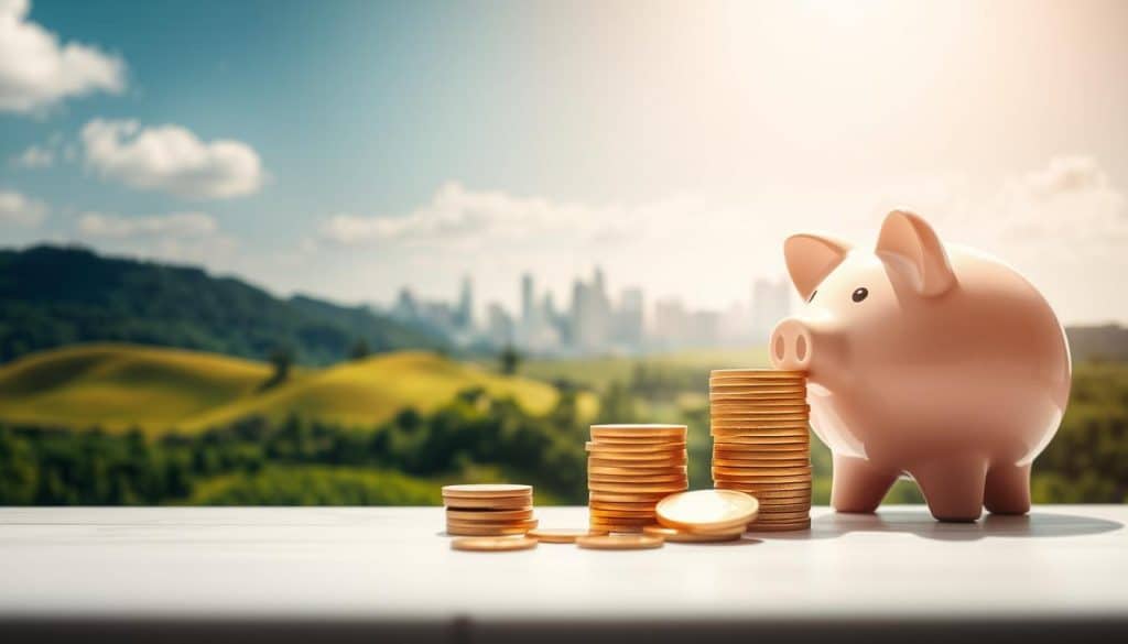 A tranquil scene of financial growth and stability. In the foreground, a stack of gold coins and a piggy bank symbolize savings and investment. The middle ground features rolling hills and a lush, verdant landscape, representing the growth and prosperity that can come from wise financial planning. In the background, a distant city skyline with towering skyscrapers reflects the potential for wealth and economic expansion. Soft, warm lighting illuminates the scene, conveying a sense of optimism and security. The overall composition evokes a harmonious balance between present savings and future returns, a visual representation of the importance of investing and growing one's money.