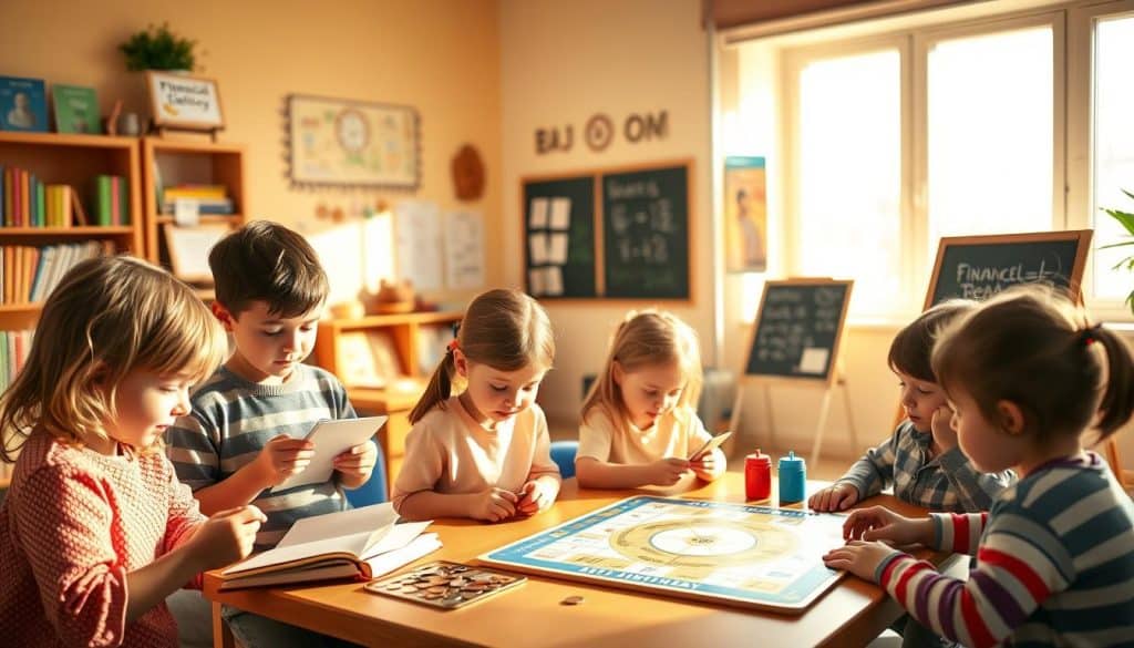 A tranquil scene of young children engaged in various financial activities, set against a warm, vibrant backdrop. In the foreground, a group of kids diligently counting coins, recording transactions in small ledgers, and discussing budgeting strategies. In the middle ground, children playing a board game focused on investment and wealth management, their faces alight with concentration. In the background, a cozy classroom setting with shelves of financial literacy books, educational posters, and a chalkboard displaying simple equations. Soft, natural lighting filters through large windows, creating a sense of calmness and learning. The overall atmosphere conveys the importance of instilling healthy financial habits in children at an early age. A tranquil scene of young children engaged in various financial activities, set against a warm, vibrant backdrop. In the foreground, a group of kids diligently counting coins, recording transactions in small ledgers, and discussing budgeting strategies. In the middle ground, children playing a board game focused on investment and wealth management, their faces alight with concentration. In the background, a cozy classroom setting with shelves of financial literacy books, educational posters, and a chalkboard displaying simple equations. Soft, natural lighting filters through large windows, creating a sense of calmness and learning. The overall atmosphere conveys the importance of instilling healthy financial habits in children at an early age.